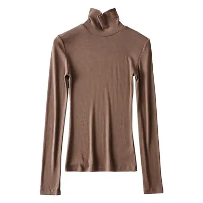 Women High Neck Long Sleeve T-Shirt Solid Beige