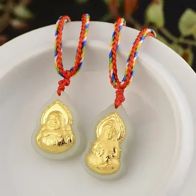 Gold Inlaid Hetian White Jade Guanyin Pendant Necklace