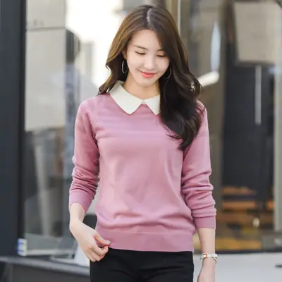 Women Knitted Lapel Sweater Pullover Pink Autumn Winter