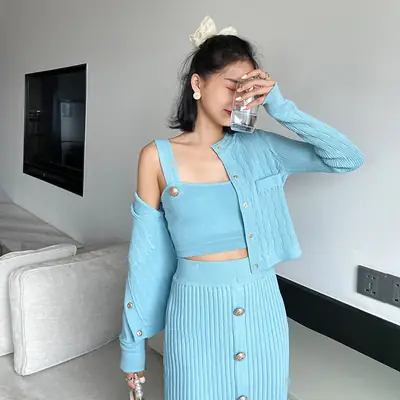 Women Wool Knit Set Light Blue 4Pc Coat Skirt