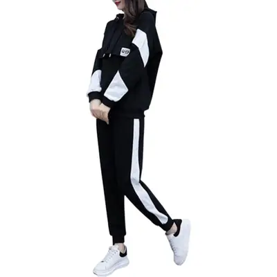 Plus Size Women's Black White Hoodie Track Suit Set