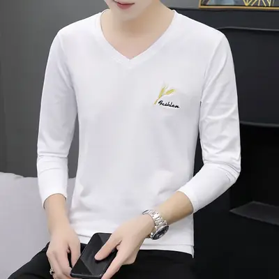 Men Grey V Neck Cotton Long Sleeve T-Shirt
