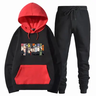 Men Harajuku Hoodie Set Black Red Gray Winter College