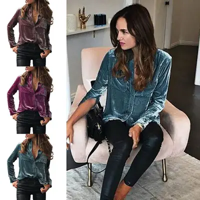 Gold Velvet Long Sleeve Lapel Shirt for Women