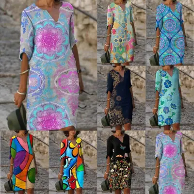 2022 Printed Linen Floral Short Sleeve Women's Dress