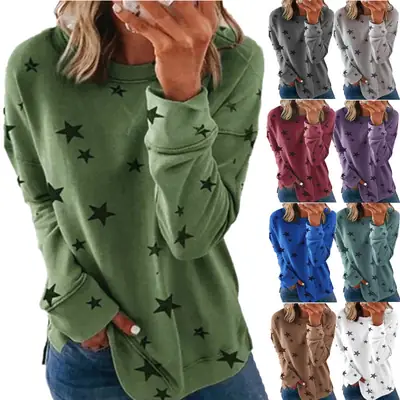Women Blue Star Print Long Sleeve T-Shirt Large