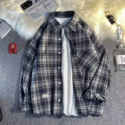 Men Plaid Long Sleeve Shirt Blue White Button Down