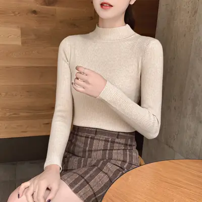 Women Knitted Sweater Pullover 2020 Semi-High Collar