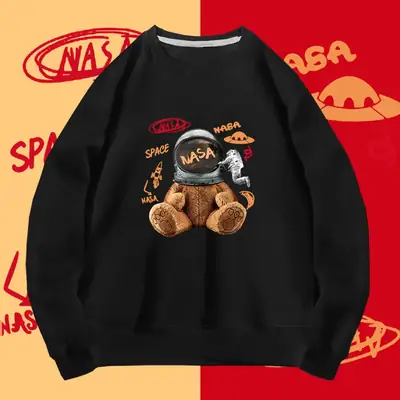 NASA Cartoon Bear Sweatshirt White Men Women Loose Fit