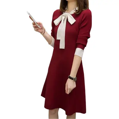 Korean Style Waist Slim Dress Red Bow Tie