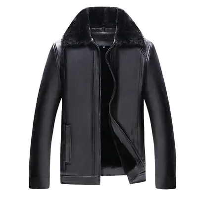 Men's Black Leather Fur Collar Zipper Jacket