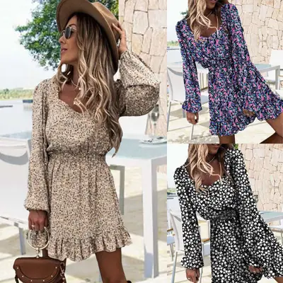 Printed Pleated Long Sleeve Dress with Ruffled Hem