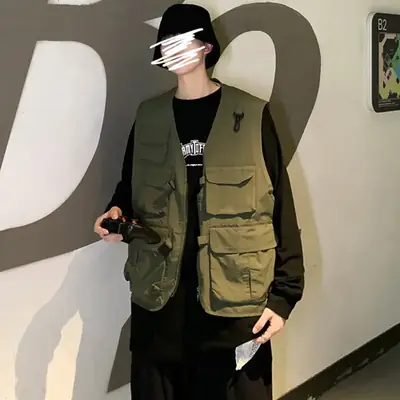 Men Korean Tactical Vest Dark Green Functional Loose Fit
