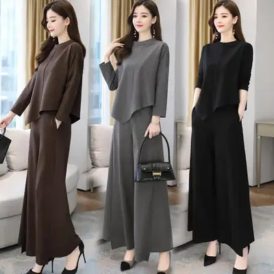Women Grey Slimming Skirt-Pants Two-Piece Suit Set