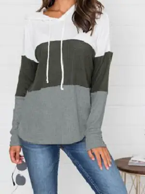Women Cross-Color Hooded Sweatshirt Long Sleeve Drawstring Casual