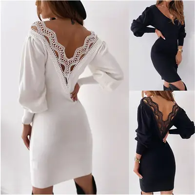 White Lace Backless Dress for Women