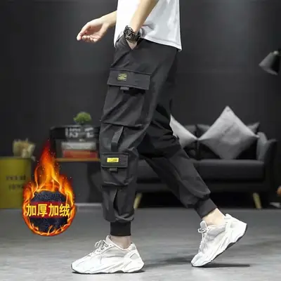 Men Fleece Lined Cargo Pants Black Black