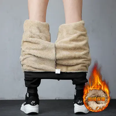 Men Fleece-Lined Casual Pants Beige Loose Fit