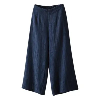 Women Elastic Waist Cotton Linen Wide Leg Pants Blue Large
