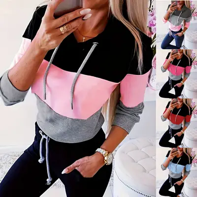 Long Sleeve Color Block Hooded T-Shirt for Women