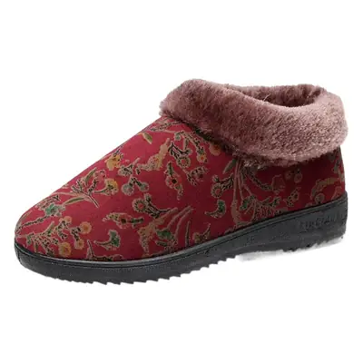 Winter Fleece Lined Women's Slippers Red Embroidered
