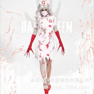 Zombie Nurse Cosplay Dress White Red Cross Design