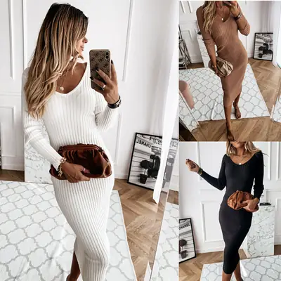 White V-Collar Long Sleeve Women's Dress 2020