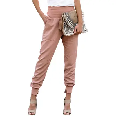 Women's Black High Waist Casual Pants with Foot Slit Design