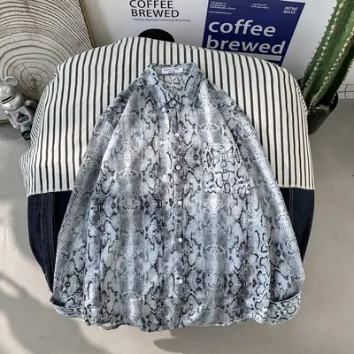 Men's Korean-style Long Sleeve Shirt Jacket Grey Patterned