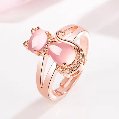 Pink Crystal Cat Ring for Women with Diamond Hibiscus Stone