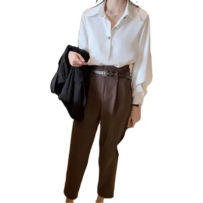 Women 2021 Red Shirts Long Sleeve Chiffon Western Style
