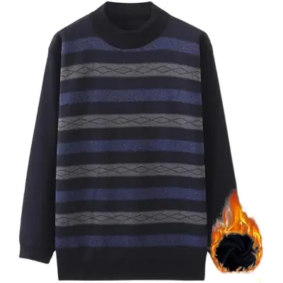 Men Velvet Padded Sweater Black Winter Casual Crew Neck