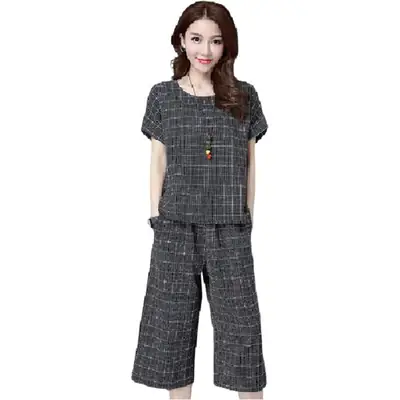 Plus-Size Women's Gray Checkered Two-Piece Outfit