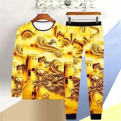 Men Chinese Dragon Printed Long Sleeve Sweatpants Large