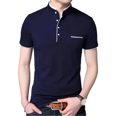 Men's Navy Blue Stand-Up Collar T-Shirt Large