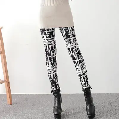 Women Fleece Leggings Plaid Striped Warm Winter Wear