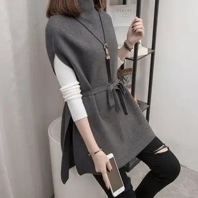 Women's Grey Half Turtleneck Waistcoat Sweater Vest