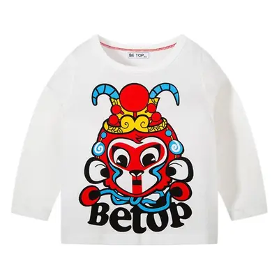 Children's Long Sleeve T-Shirt White Cotton Lion Dance Print