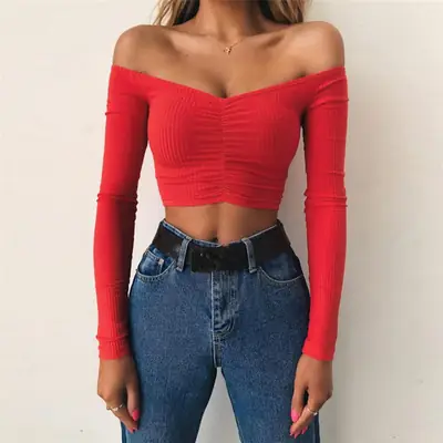 Women's Long Sleeve One Shoulder Top with Navel Baring Design