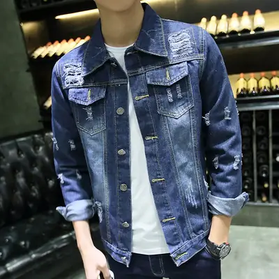 Men's 2020 Distinctive Ripped Denim Jacket Slim Fit