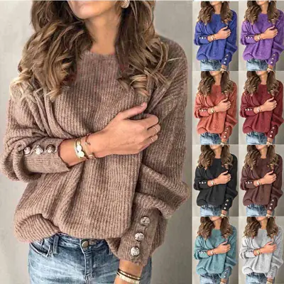 Women's Grey Knit Long Sleeve Button Top T-Shirt