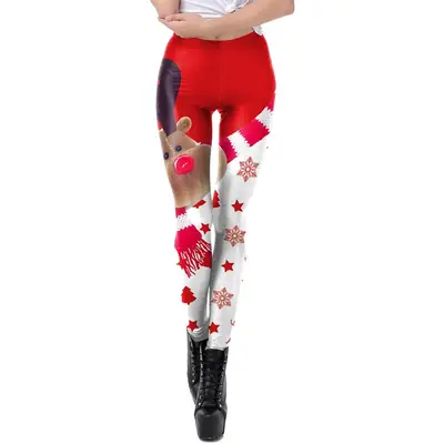 Christmas Print Stretch Leggings Women Red