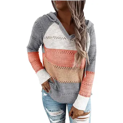 Women Multi Color Knitted Hoodie Winter Sweater