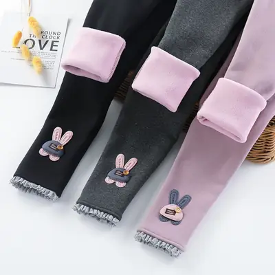 Girls Fleece Leggings Pink Bunny Embroidered Winter Pants