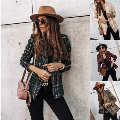 2023 Printed Long Sleeve Suit Jacket Beige Plaid