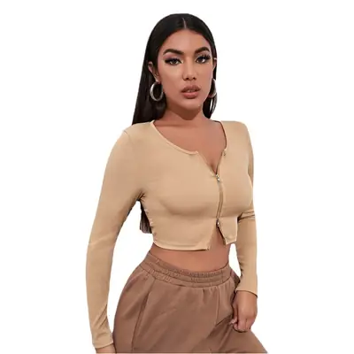 Black Zipper Crop Top for Women Long Sleeve Summer Wear