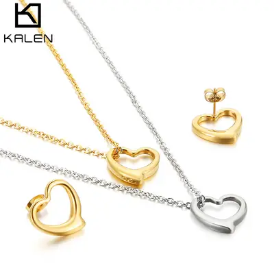 Heart Shaped Jewelry Set Gold Silver Double Layer Necklace Earrings