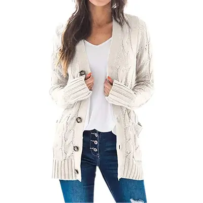 Women's Cream Knitted Cardigan Large Size M108