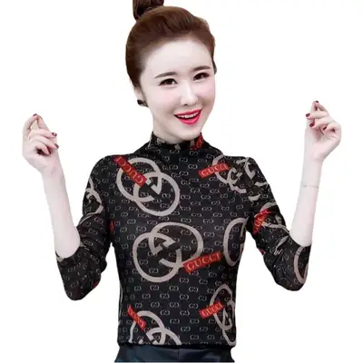 Women Fleece Printed Half-High Collar Top