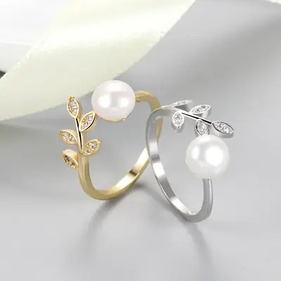 Korean Style Pearl Leaf Open Ring Adjustable Silver